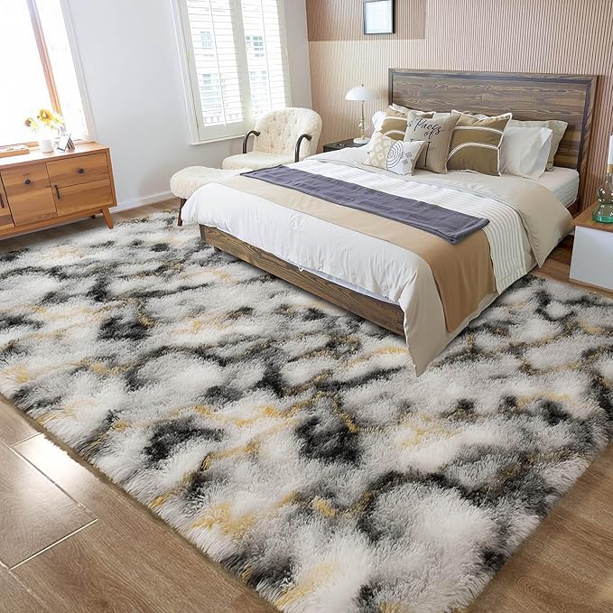 Meralax Tie-Dyed Gold and White Rugs for Living Room Bedroom, 5x8 Soft Area Rug Fluffy Shaggy Bedside Rug, Machine Washable Indoor Floor Carpet for Kids, Dorms, Nursery Rooms, Home Decor Aesthetic