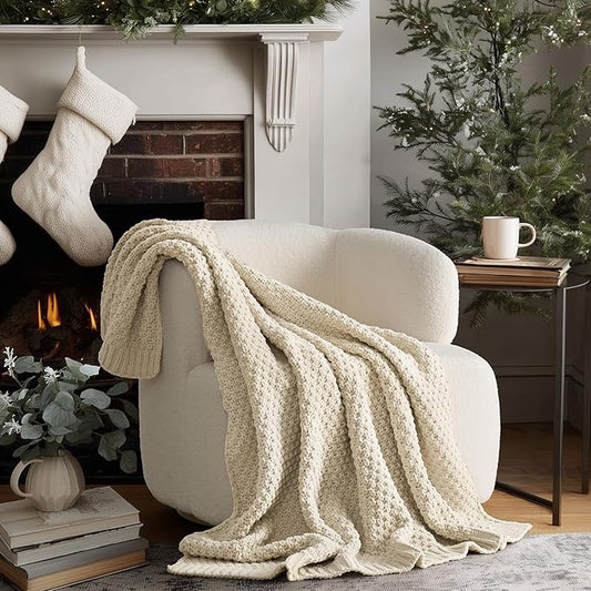 EVERGRACEHOME Chunky Chenille Knit Throw Blanket for Couch, Soft Luxurious Moss Stitch Blankets for Bed, Cozy Decorative Farmhouse Knitted Throws for Sofa, Beige, 50" x 60"