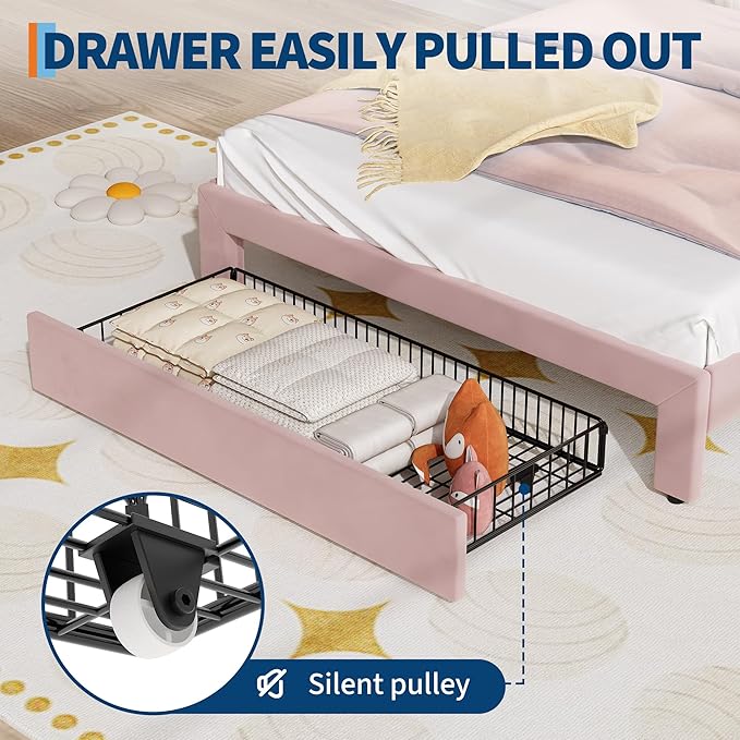 Garvee Full Upholstered LED Bed Frame with Storage Drawer & Cute Cat Headboard, Velvet Princess Platform Bed Frame with Sturdy Wood Slats Support for Girls/Kids, No Box Spring Needed, Pink