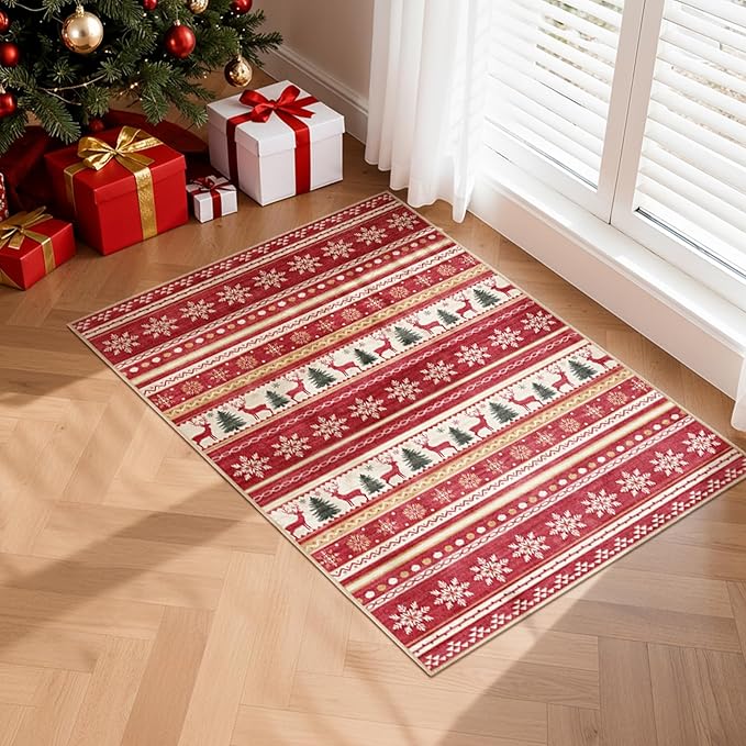 Area Rugs for Living Room Washable Living Room Rug Soft Neutral Indoor Floor Carpet Non-Slip Stain Resistant Modern Boho Rugs for Bedroom Dining Room Kids Room Nursery Office Home Red Green