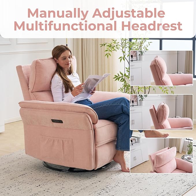 Oversized Power Recliner Chair Swivel Glider with Massage and Heat, Rocker Nursery Recliner for Adults with Adjustable Headrest, 26" Extra Wide Nursery Chair with Overstuffed Armrest,Pink