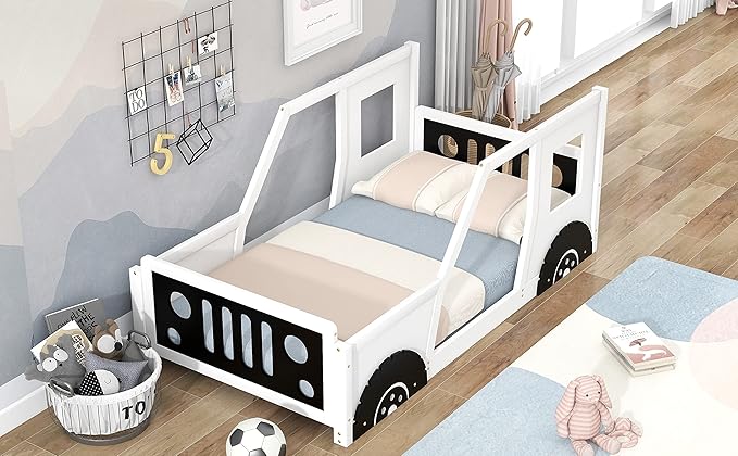 Bellemave Twin Size Toddler Bed, Classic Car-Shaped Platform Bed with Wheels, Wood Twin Montessori Floor Bed for Kids Boy Girls (White+Black)