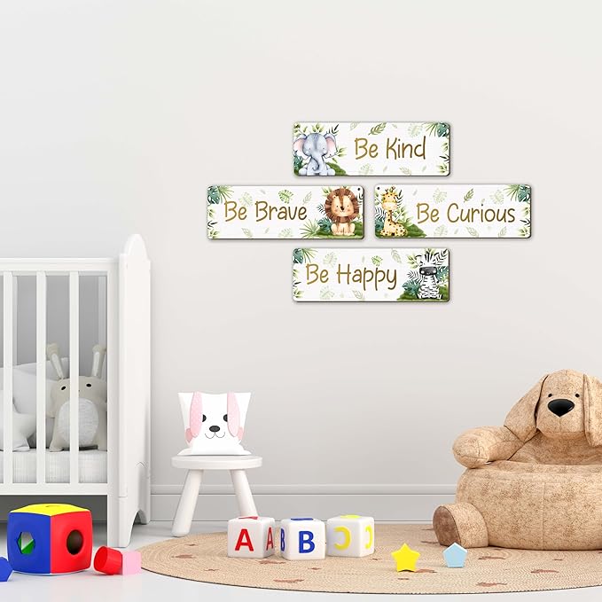 Woodland Nursery Decor, Jungle Safari Animals Boysroom Wall Sign Art, Motivational Bedroom Decorations for Kids Boys, 4 Pieces Wood Sign, 3.9x11.8 In-A04
