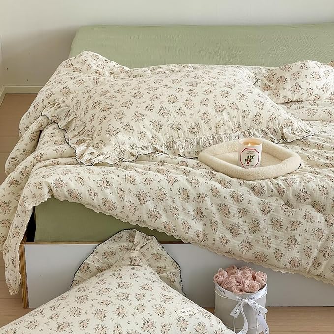 BuLuTu Shabby Chic Toddlers Kids Teens Quilt for Full/Queen Bed, Reversible Pink Floral Comforter with Lace Edges, Muslin Cotton Quilted Blanket 79"x90", Peony Pattern, No Pillowcase