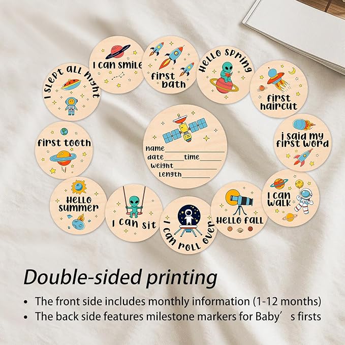 Baby Milestone Cards - Space Adventure Baby Monthly Milestone Signs, Rocket & Planet Wooden Signs Discs for Photo Props, "Hello" Newborn Announcement Sign with Astronaut,Baby Shower/Gift Set(13pcs)