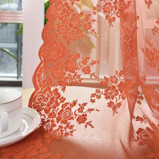 Kotile Orange Sheer Curtains 96 Inches Long, Country Rustic Floral Patterned Fall Lace Curtains for Living Room, Rod Pocket Privacy Lace Sheer Window Curtains, 52 x 96 Inch, 2 Panels, Orange