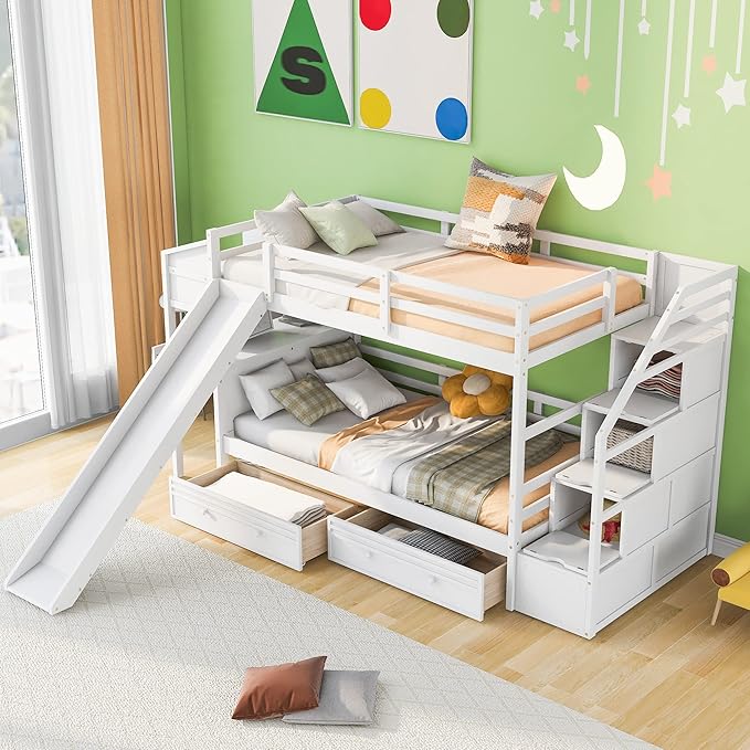 Modern Twin Over Twin Bunk Bed with Storage Staircase and Slide, Wooden Bunk Bed Frame with Desk and Drawers, Multifunctional Bunk Bed for Kids Teens Adult Bedroom