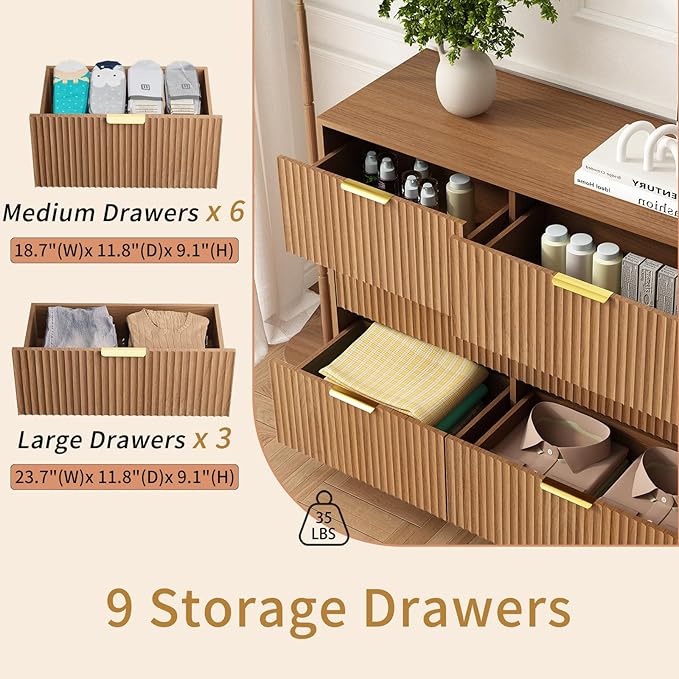 9 Drawer Dresser for Bedroom with Deep Drawers, 63" Wide Wood Dresser, Large Floor Chest of Drawers, Modern Long TV Stand, Mid Century Storage Cabinet Side Table, Natural