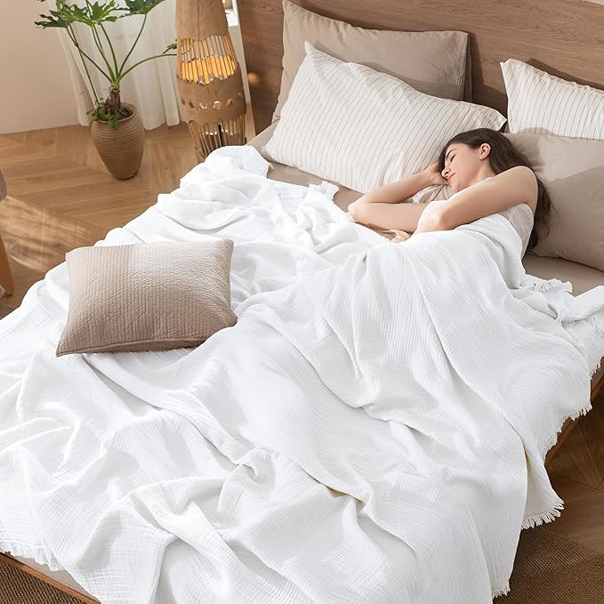 MooMee Muslin Blanket - 100% Cotton 4-Layer Gauze Throw Blanket with All-Around Fringe, Ultra-Soft Breathable Lightweight Cooling Decorative for Bed, Sofa & Couch (Bright White,Throw 60" x 50")