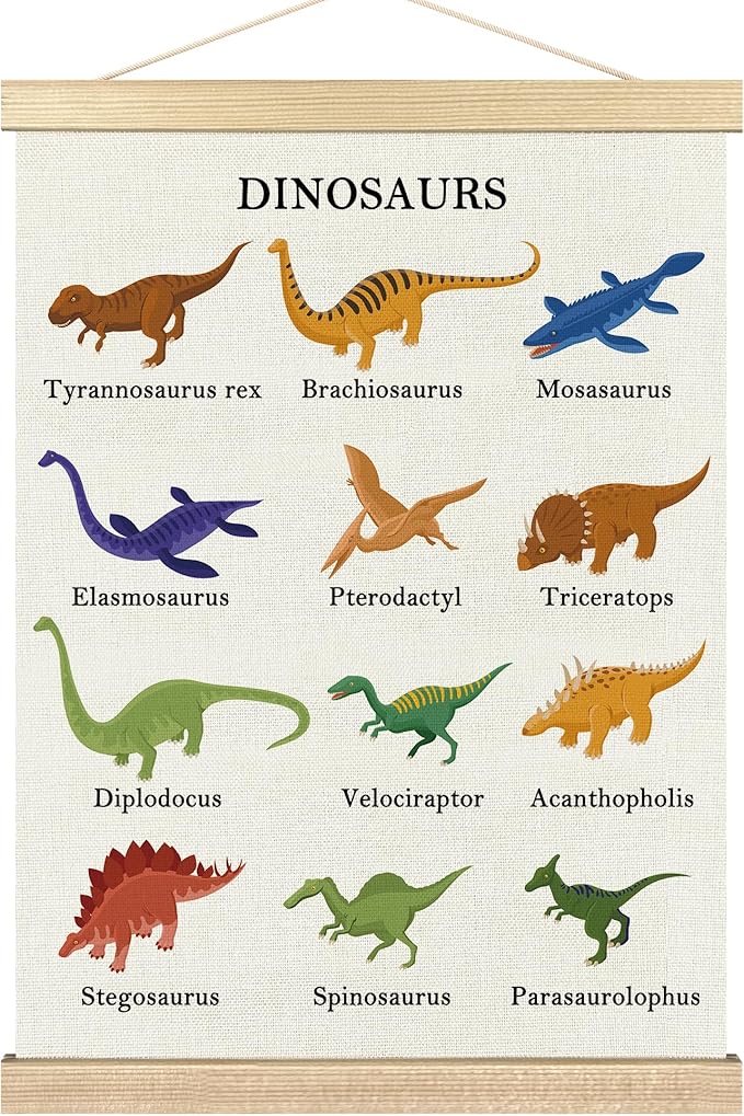 BCUANGD Dinosaur Dino Wall Decor - Baby Toddler Boys Room Wall Art Poster Hanger with Wood Frames, Inspirational Wall Hanging Canvas Decor for Kids Room Playroom Nursery Bedroom, 12x16 Inches