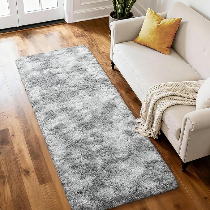 Merelax Soft Area Rugs for Livingroom Bedroom, Shaggy Plush Fuzzy Fluffy Carpet Furry Fur Rug, Modern Indoor Comfy Nursery Kids Dorm Home Decor Floor Mat, 2 x 6 ft, Tie-Dyed Light Grey