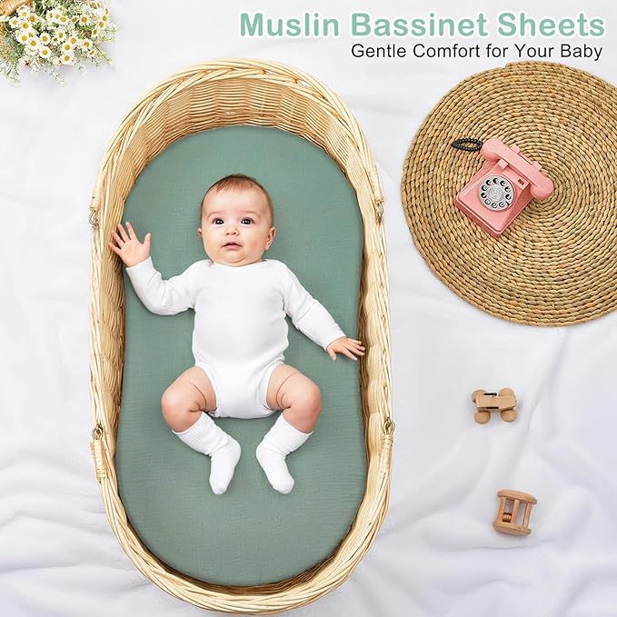 Basumee Muslin Bassinet Sheets for Baby Girl Boy 2 Pack Soft Breathable Baby Bedside Bassinet Fitted Sheets with Bottom Elastic Band 33''x17''x4'' Mattress Cover for Rectangle Oval Hourglass Bassinets