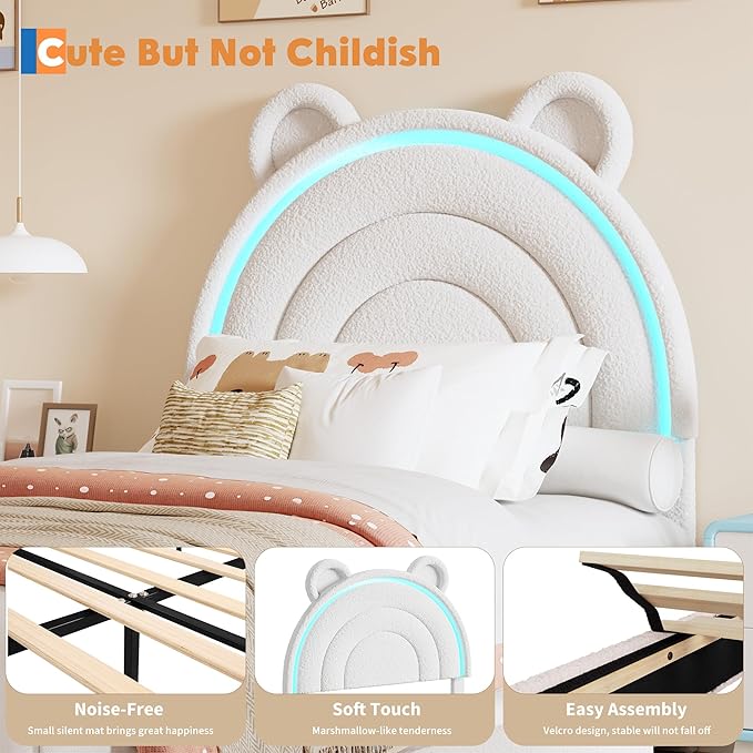 Garvee Princess Twin Size Bed Frame with 2 Storage Drawers & LED Lights, Upholstered Platform Bed with Rainbow Headboard for Kids/Girls, Solid Wood Slats Support, No Box Spring Needed, White