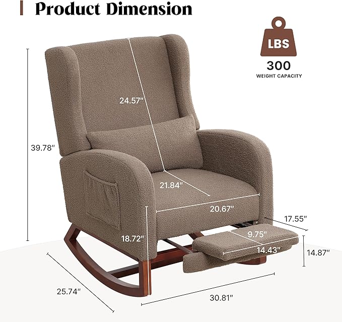 Rocking Chair Nursery with Foot Rest,Teddy Nursery Rocking Chairs, Wingback Nursing Glider Rocker Chair with Pillow and High Back for Nursery, Living Room, Bedroom, Coffee