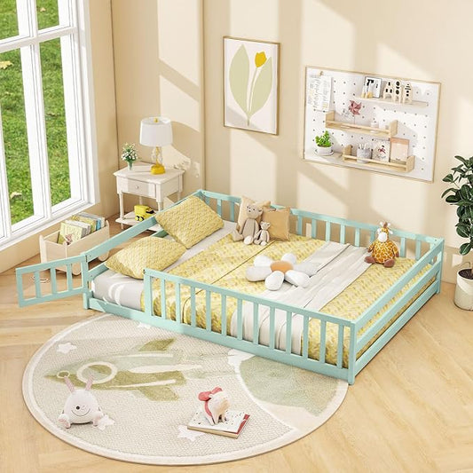 Giantex Full Floor Bed with Door & Fence, Kids Wood Montessori Beds with Safety Guardrails, Floor Bed Twin for Kids, Boys, Girls, No Box Spring Needed, Mint Sky
