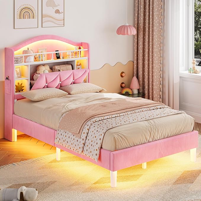 ADORNEVE Twin Size Bed Frame with LED Lights, Princess Velvet Upholstered Platform Bed for Girls, Headboard with Charging Station & Guardrail & Crystal Button, No Box Spring Needed, Pink