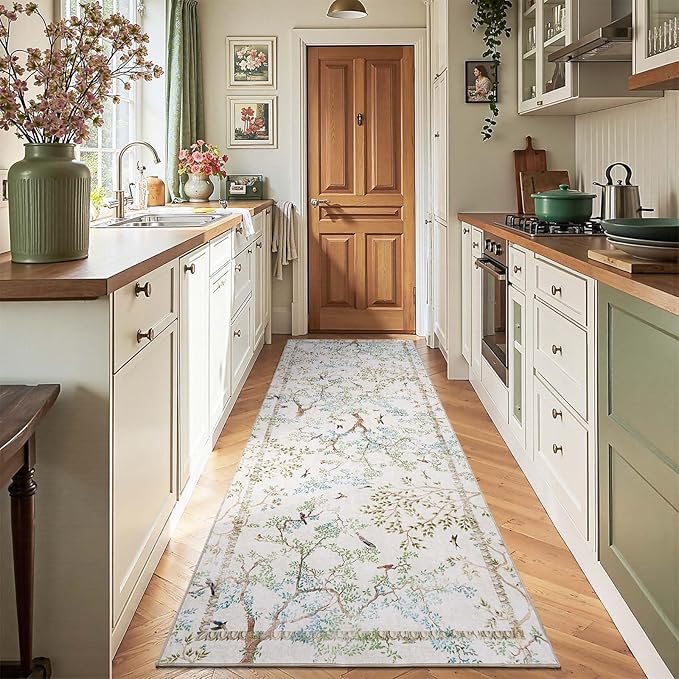 jinchan Yarden Ivory Botanical Birds 3x8 Runner Rug for Hallway Washable Non Slip Soft Nature Plants Modern Runner Carpet Vintage Ultra Thin Low Pile Rug for Entryway Living Room Laundry
