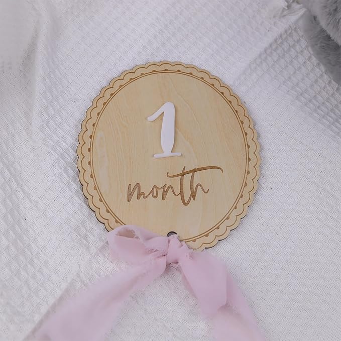 Daisy 3D Baby Monthly Milestone, Wooden Baby Milestone Signs, Monthly Milestone Wood Discs, Baby Milestone Discs (Ribbon)