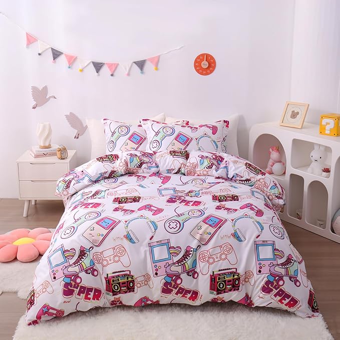 JSD Pink Gamer Kids Duvet Cover Set Queen Size, 3 Piece Teens Printed Microfiber Comforter Cover with Pillow Sham Zipper Closure, Comforter Not Included