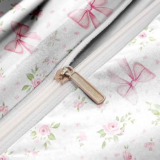 Duvet Cover Twin 2Pcs Pink Floral Bow Bedding Set for Girls Kids,Cute Princess Style Bowknot Bedding,Ultra Soft Garden Flower Bedding with 1 Pillowcase(No Comforter)