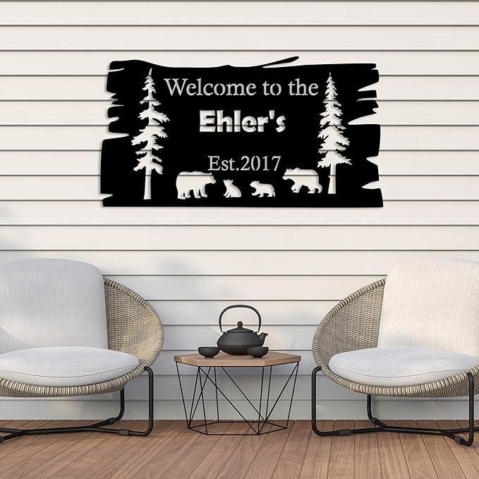 Custom Bear Metal Wall Sign, Personalized Cabin Sign, Bear Family In Woods Cabin Sign, Custom Family Name Bear Decor, Outdoor Metal Sign, Ranch Sign, Man Cave Decor