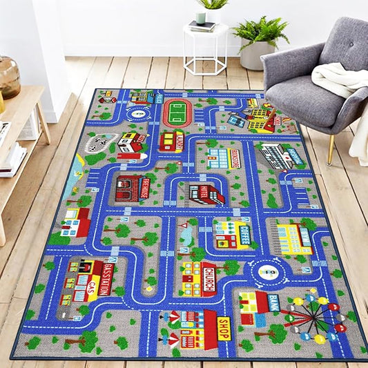 Kids Carpet Playmat Rug 5'2''x3'3'', Kids Rugs for Bedroom, Non-Slip Town City Road Map Car Rugs for Kids Toy Cars, Track Carpet Play Rug for Playroom (Blue)