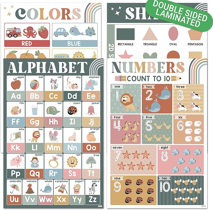 BEAWART ABC Alphabet Poster 16x24, Modern Boho Educational Posters, Color Shape Number Chart for Classroom Decor, Learning Posters, Homeschool Supplies, Double Laminated