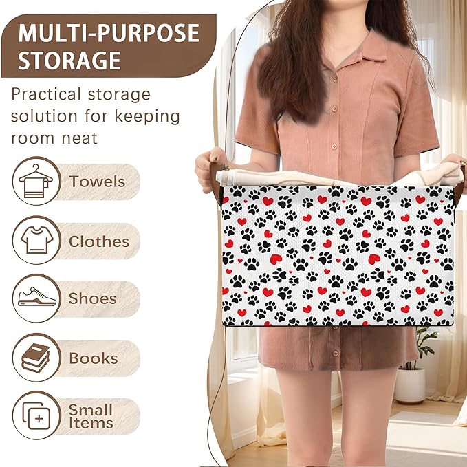 Paw Print Storage Basket Large 17x11.5x10.5 Inche-Collapsible Fabric Organizer Bin with Handles for Pet Lovers, Nursery, Bedroom-Foldable Decorative Hamper with Heart & Paw Design-Single Pack