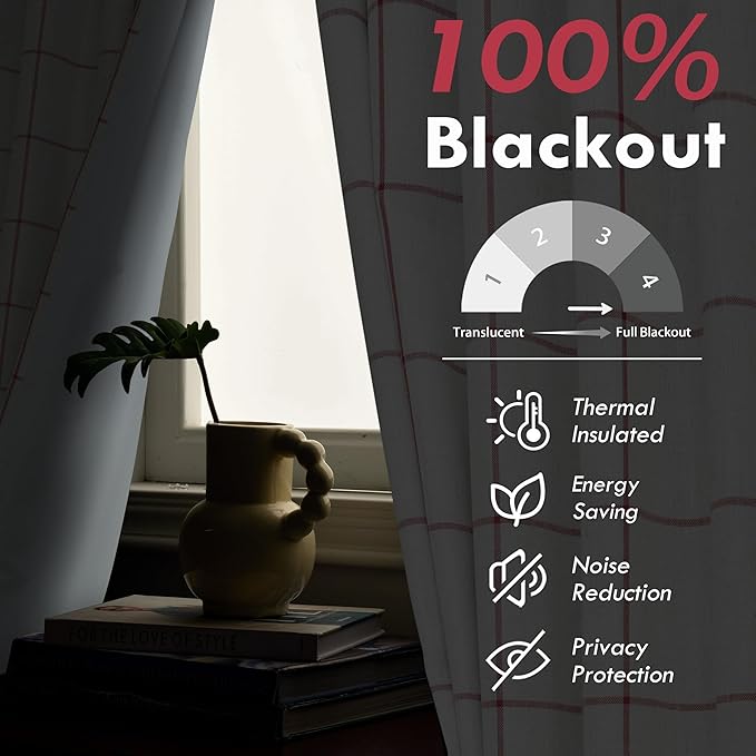 DriftAway 2 Panels 100% Blackout Windowpane Plaid Linen Curtains Double Layer Drapes for Bedroom 90 Inches Long Farmhouse Thermal Insulated 3.25 Inch Rod Pocket Back Tab for Living Room Red