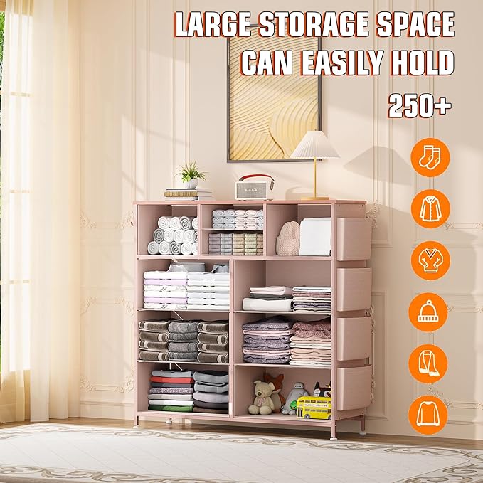 10 Drawer Dresser, Chest of Drawers for Bedroom, Fabric Dresser Drawers with Side Pockets, Hooks, Wooden Top and Sturdy Metal Frame for Living Room, Closet, Hallway (Pink)