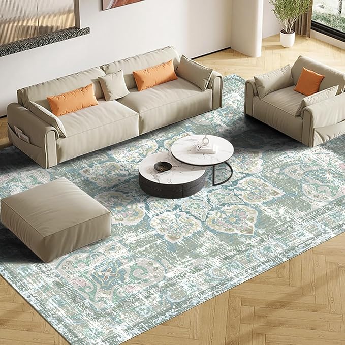 Vhong Boho Area Rugs Vintage Washable Neutral Modern Pale Green 9x12 Large Carpet for Farmhouse Living Room Dining Room Bedroom Non Slip