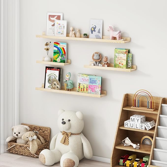 Picture Ledge Shelf, Floating Shelves Set of 2, Solid Pine Wood 55'' Long Large Nursery Book Shelves for Toys Storage, Kids Bookshelf for Living Room Bedroom Decor Books Photo Frames, Natural