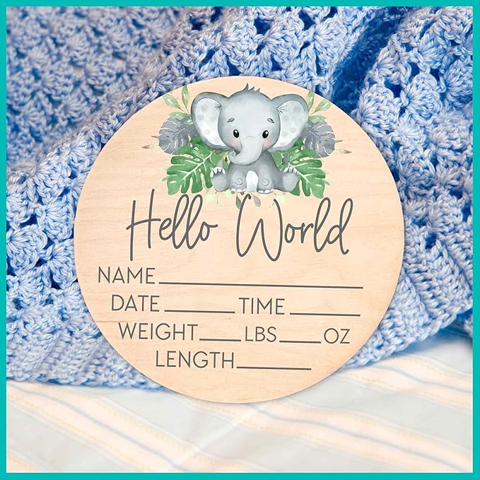 Birth Stat Sign for Newborn - Baby Name Announcement - Hello World Elephant Hospital Photography Prop - Jungle Safari