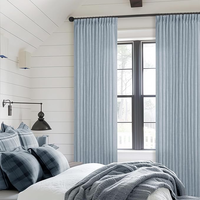 Dusty Blue Pleated Linen Curtains 96 Inches Long for Living Room 2 Panel Set Semi Sheer Light Filtering Pinch Pleat with Rings Hooks Drapes Boho Farmhouse Light Blue Grey Curtain Bedroom Window