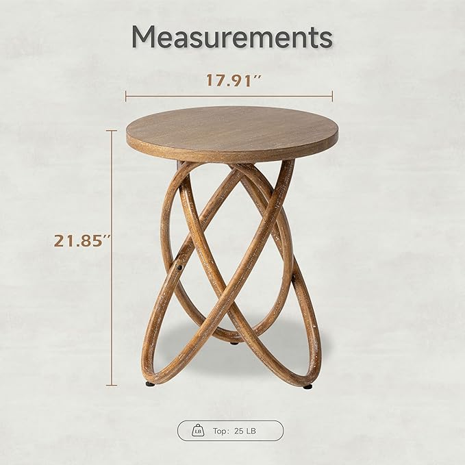 COZAYH Round End Table Farmhouse Wood Side Table Rustic Plant Stand with Intertwined Line Design for Living Room, Office, Walnut