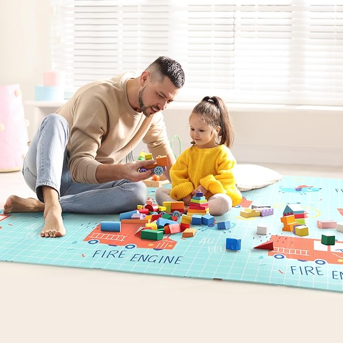 Bammax Extra Large 78" x 70" x 0.4" XPE Foam Baby Play Mat + Travel Bag | Waterproof, Reversible & Foldable Padded Playmat | Baby Crawling Mat & Kids Play Mat – Cars & Fire Engine