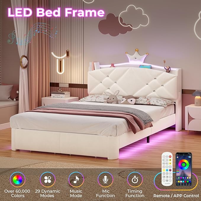 MSmask Full LED Bed Frame with Storage Headboard & 2 Storage Drawers, Princess Upholstered Bed with Charging Station & Crystal Button & Crown, Velvet Platform Bed for Girls, Curved Legs, White
