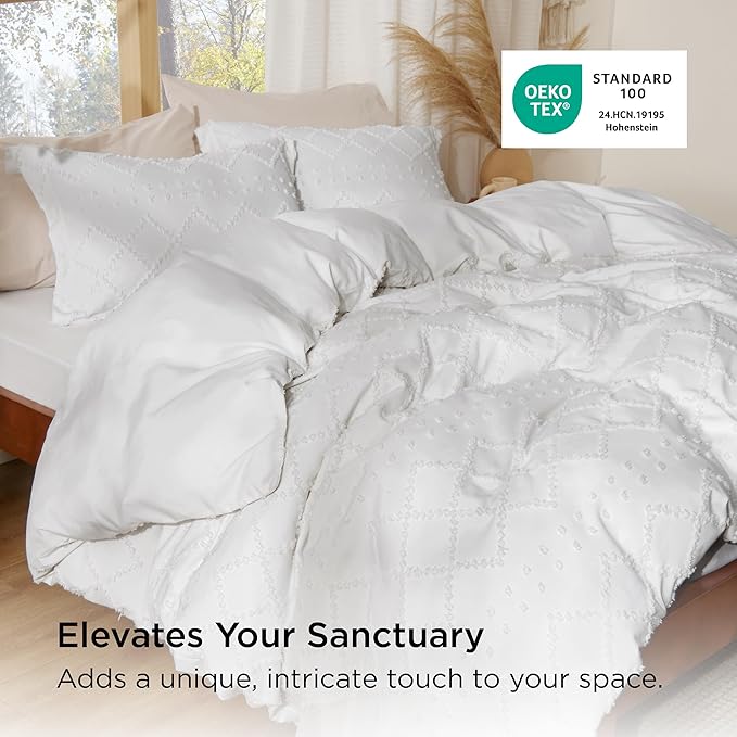 Bedsure Boho Cal King Duvet Cover - White Breathable & Soft Boho Bedding, Machine Washable Comforter Cover for All Seasons, Includes 1 Duvet Cover 104"x98" with 2 Pillow Shams & Zipper Closure