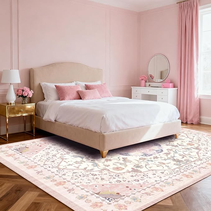 Area Rug - Vintage 8x10 Non-Slip Backing Area Rugs Light Pink Soft Faux Wool Carpet Foldable & Machine Washable Rugs for Living Room Bedroom Dining Room Nursery Home Office