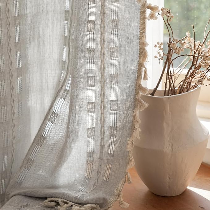 Deeprove Silver Grey Boho Curtain 63 inches Length for Living Room Bedroom Nursery, Retro Casual Bohemian Sheer 63 inches Long Stripe Embroidery Privacy Window Tassel Decor W52 x L63, 1 Panel