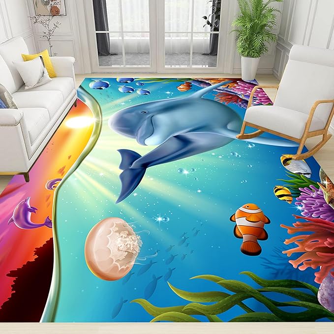 Blue Dolphin Area Rug for Bedroom, 6x8ft, Undersea Ocean Animal Print Indoor Carpet, Beach Tropical Fish Home Decor Playing Mat, Low Pile Breathable Non Shedding Rugs for Kids Room