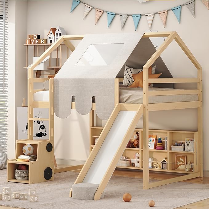 Playhouse Design Full Size Wood Loft Bed with Slide and Tent, Low Loft House Bed Frame with Storage Shelves and Removable Car-Shaped Staircase for Kids Teens Boys Girls Bedroom (Natural-PT)