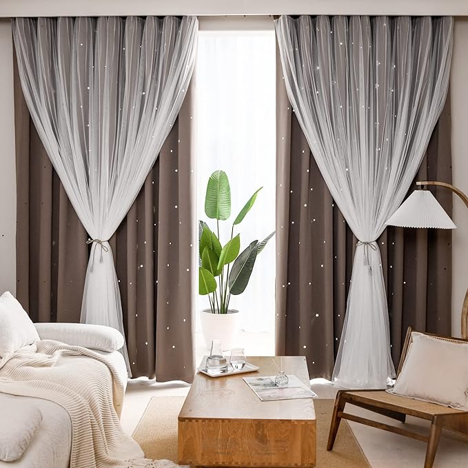 Kinryb Star Cutout Blackout Curtains Double Layer Curtains with Durable Sheer Curtains for Bedroom Thermal Insulated Window Treatment Set with 2 Free Tiebacks (52W x 72L 2 Panels Coffe)