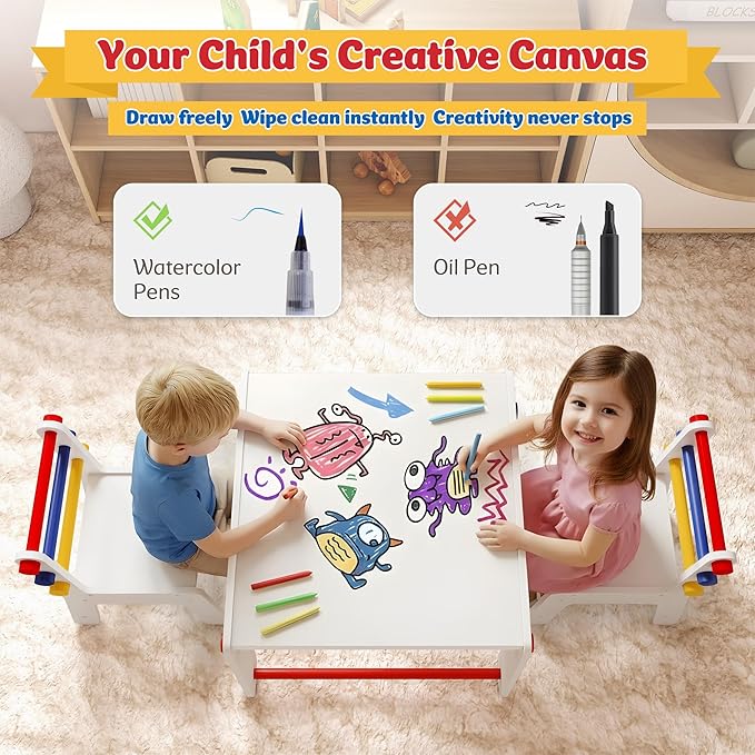 Kids Table and Chair Set 4-in-1 with Storage, Wooden Activity Table for Crafts, Arts, Drawing, Reading, Toddler Furniture for Playroom, Nursery, Gift for Boys & Girls (Age 3+)