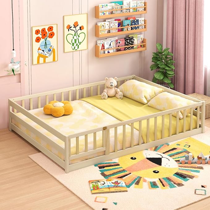 Giantex Full Floor Bed with Door & Fence, Kids Wood Montessori Beds with Safety Guardrails, Floor Bed Twin for Kids, Boys, Girls, No Box Spring Needed, Natural