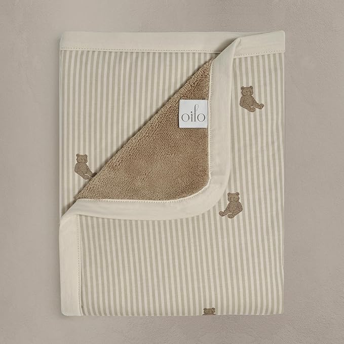 Oilo Baby Blanket, Luxury Plush Chenille Backing & Organic Cotton Jersey Print, Double Layered, 30" x 40", Rolled Jersey Edge Trim, Infant & Toddler Size, Heirloom Organic Collection, Bear
