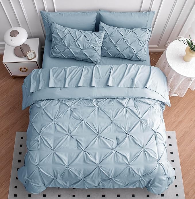 LANE LINEN Bedding Comforter Set Full Size, 7 Piece Full Size Bed in a Bag Set, Soft Bedding Sets Full Size, Pintuck Full Bed Set, Full Comforter Sets with Sheets, Pillowcases & Shams - French Blue