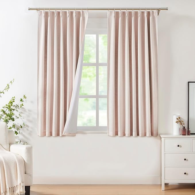 Central Park Pink Pinch Pleated Blackout Curtain Panels Linen Texture Thermal Insulated Energy Efficient Window Treatment Drapes with Full Blackout Liner for Living Room Bedroom with Hooks, 40"x63"x2