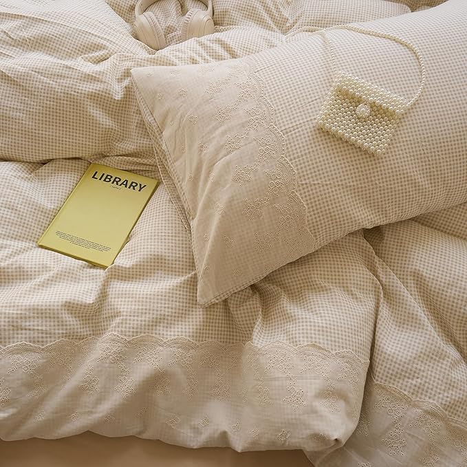 LifeTB Tan Gingham Duvet Cover Twin XL 3 Pieces Romantic Lace Duvet Cover Vintage Plaid Checkered Comforter Cover with 2 Pillowcases Soft Microfiber Beige Tan Grid Farmhouse Plaid Bedding Set