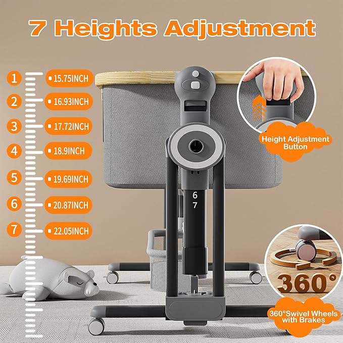 4 in 1Baby Bassinet,Bedside Bassinet for Baby, Rocking Bassinet with Comfy Mattress and Wheels, 7 Height Adjustable Easy Folding Portable Bedside Crib for Newborn